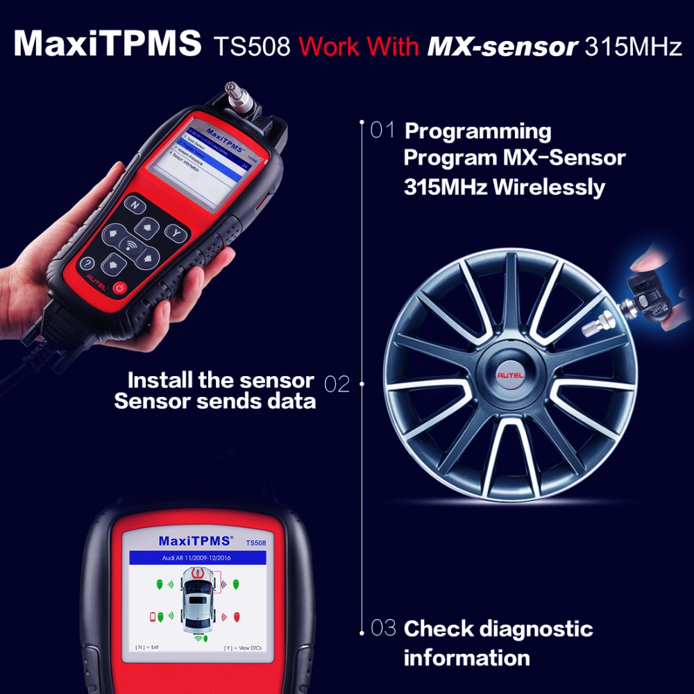 Autel - Autel MaxiTPMS TS508K Tire Pressure Monitoring System Reset TPMS Replacement Tool with 8pc Sensors