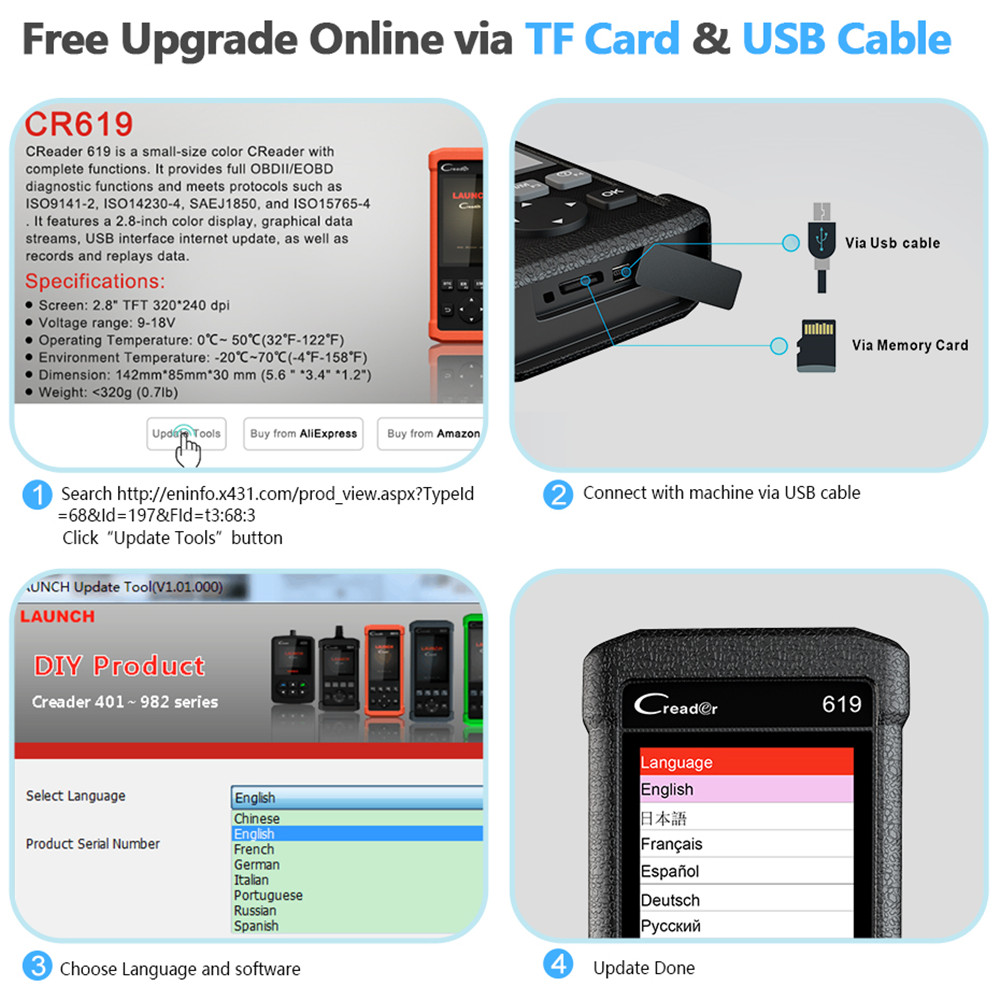 Launch - Launch OBD2 Scanner CR619 Engine ABS SRS O2 Sensor Monitoring Creader Tool ODB2 Car Diangostic Tool OBD 2 Automotive Sca