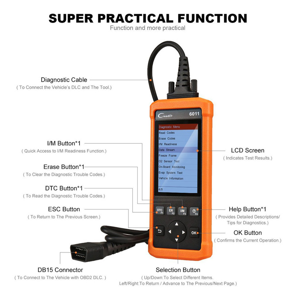 Launch - Launch CReader 6011 CR6011 OBD2 Scanner ABS SRS Code Read Auto Diagnostic Tool Car OBD 2 OBDII Automotive Autoscanner Sc